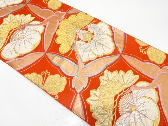 JAPANESE KIMONO / ANTIQUE FUKURO OBI / SILK / CRANE & UME